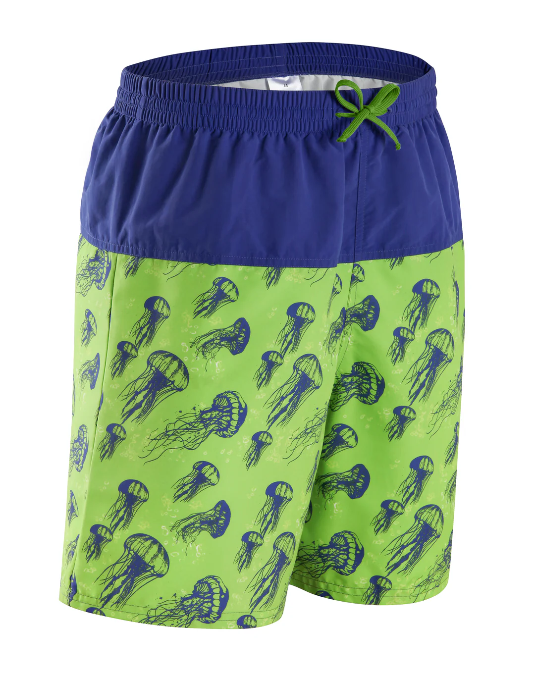 Men's swim shorts in green and navy blue with anemone pattern
